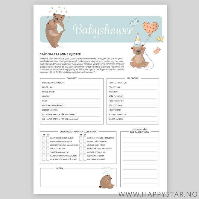 Hovedbilde Spådomsark Babyshower blå