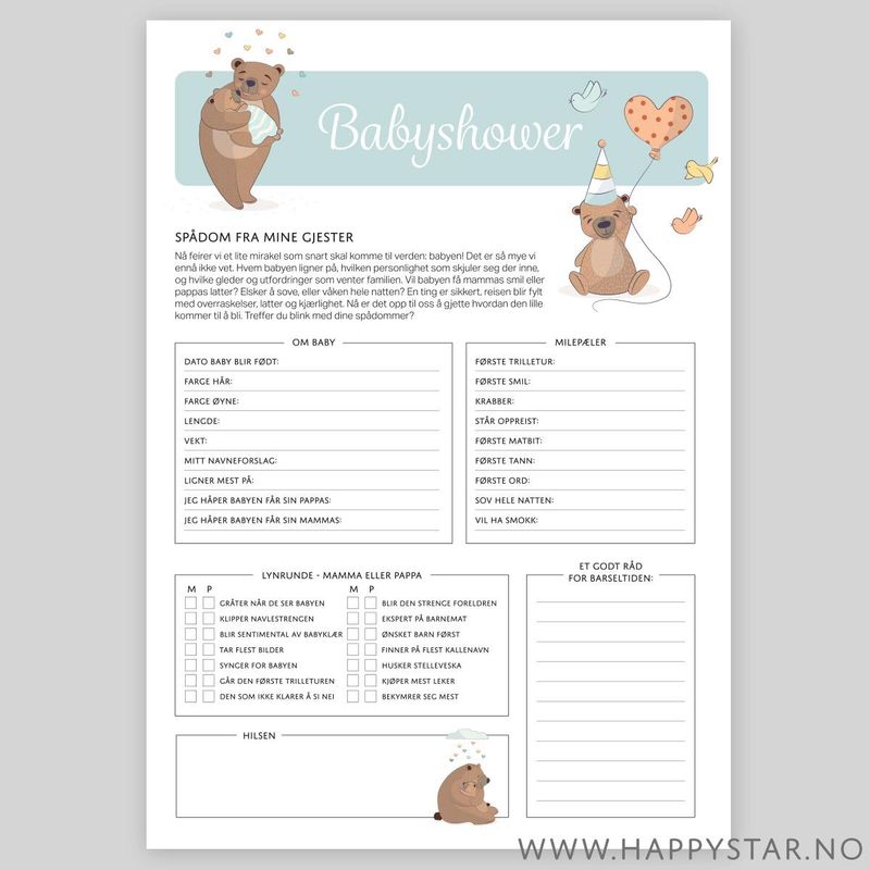 Spådomsark Babyshower blå