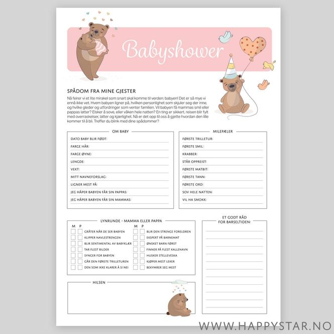 Hovedbilde Spådomsark Babyshower rosa