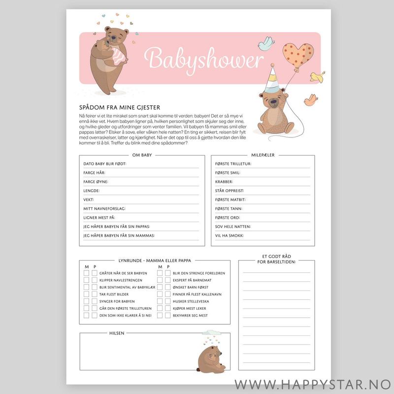 Spådomsark Babyshower rosa