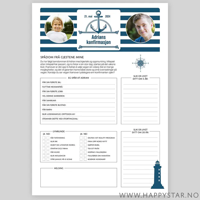 Hovedbilde Nynorsk Spådomsark personlig tekst maritim stil