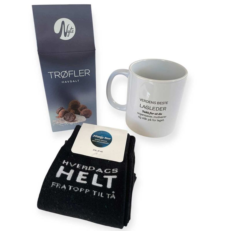 Gavepakke 'VB lagleder' med strømper og sjokoladetrøfler