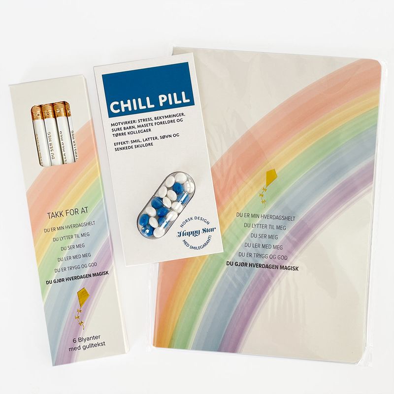 Sett med notatbok, blyanter og chill pill til barnehageansatte