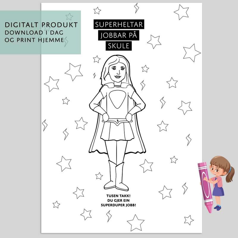 Gavepapir: Nynorsk - Superhelt Skule Dame- Digital PDF