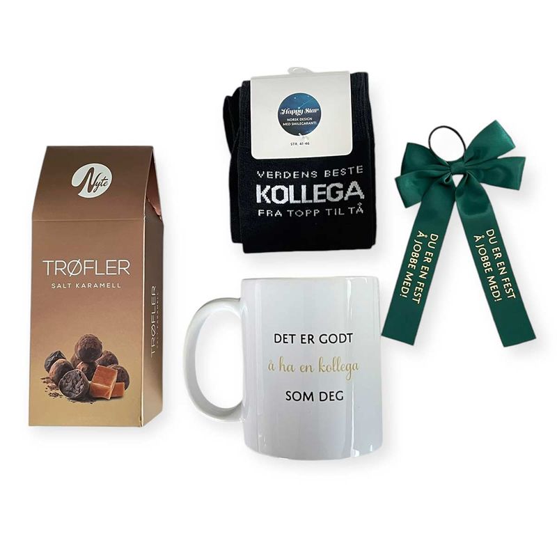 Gavepakke til kollega med sjokoladetrøfler og strømper