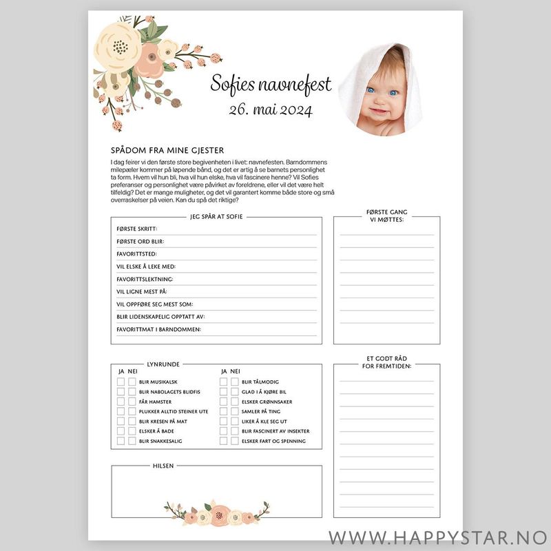 Spådomsark fersken med personlig tekst navnefest 